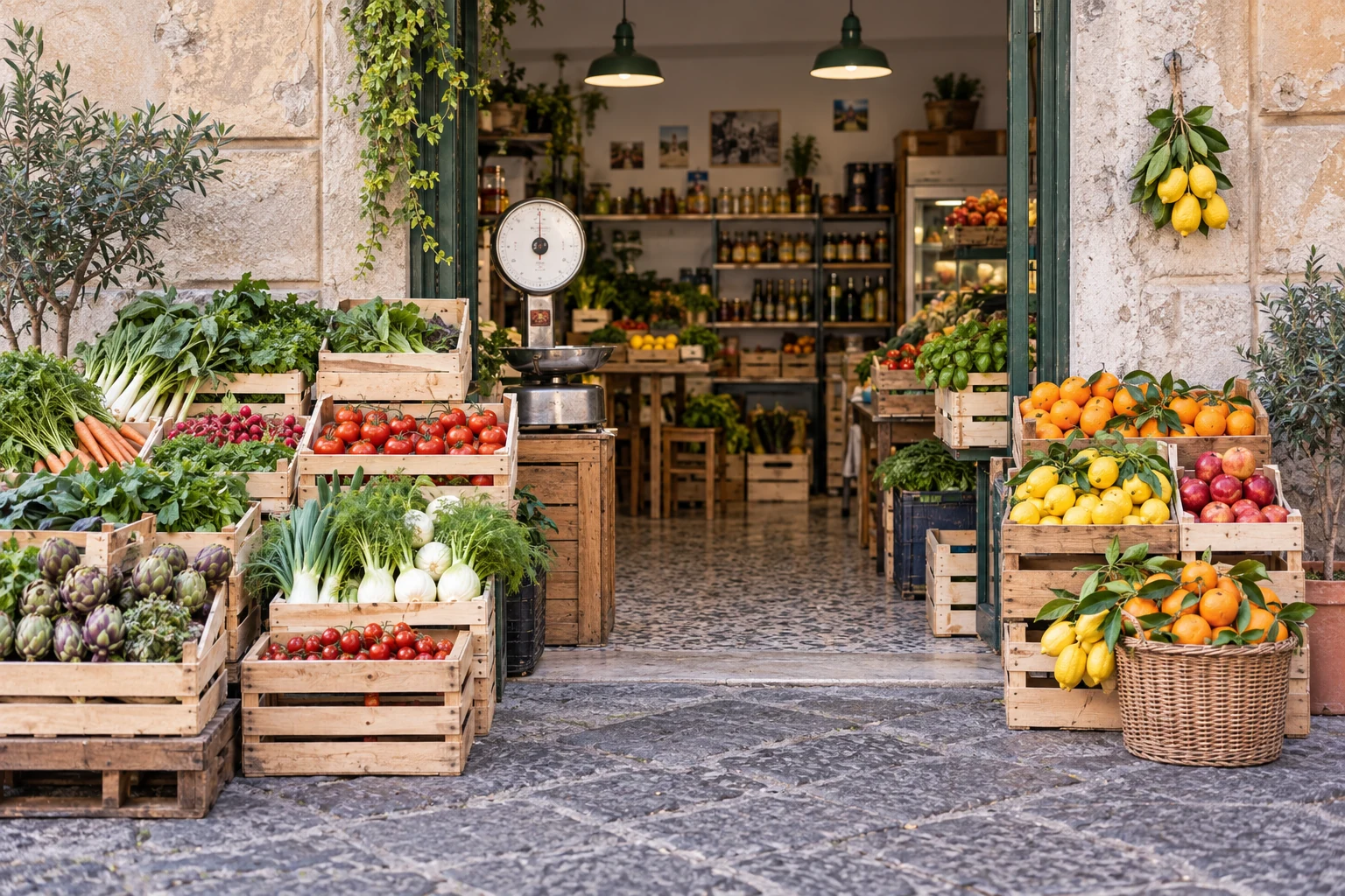 Obst und Gemüse in unterschiedlichen Formen und Farben vor einem Lebensmittelgeschäft