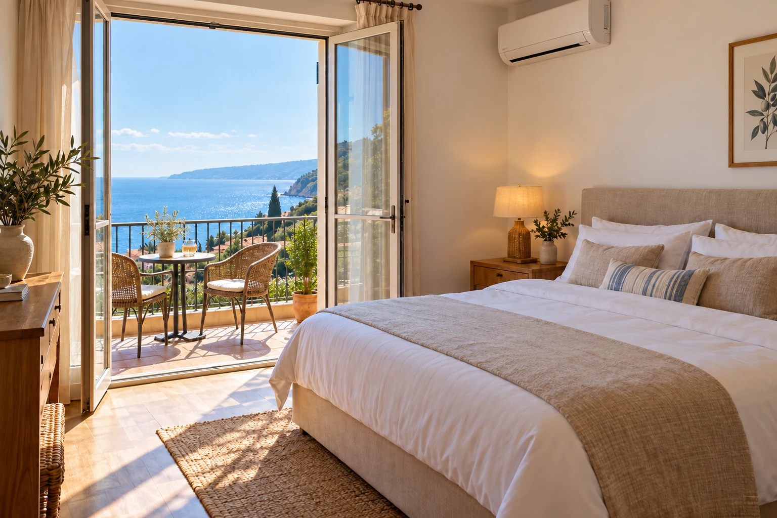 Helles Doppelzimmer mit Klimaanlage und offener Balkontür mit Blick auf das Meer
